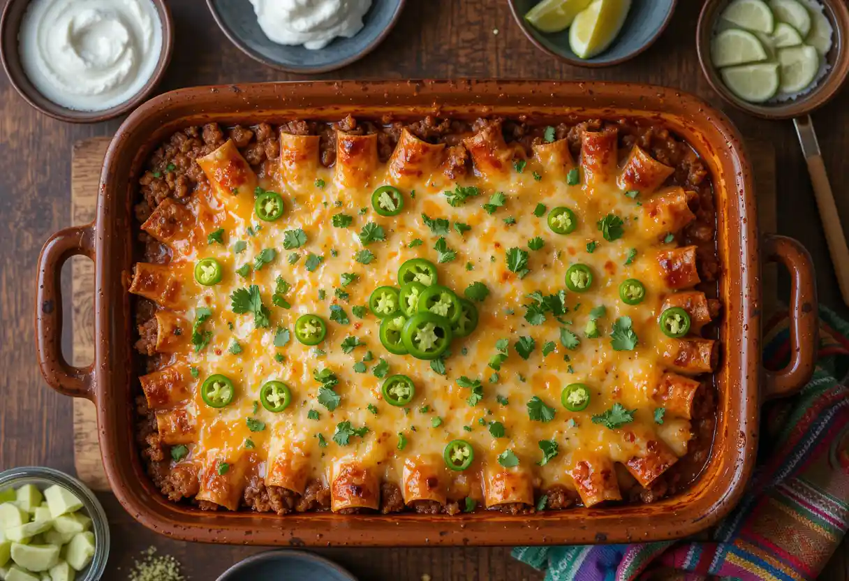 "Overhead view of a beef enchilada casserole in a ceramic baking dish, topped with melted cheese, fresh cilantro, and sliced jalapeños, served with avocado, sour cream, and lime wedges on a rustic wooden table."