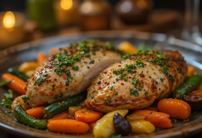 Marinated and baked chimichurri chicken breasts glazed with vibrant green chimichurri sauce, served with caramelized roasted vegetables and fresh herbs, creating an elegant and flavorful dish.