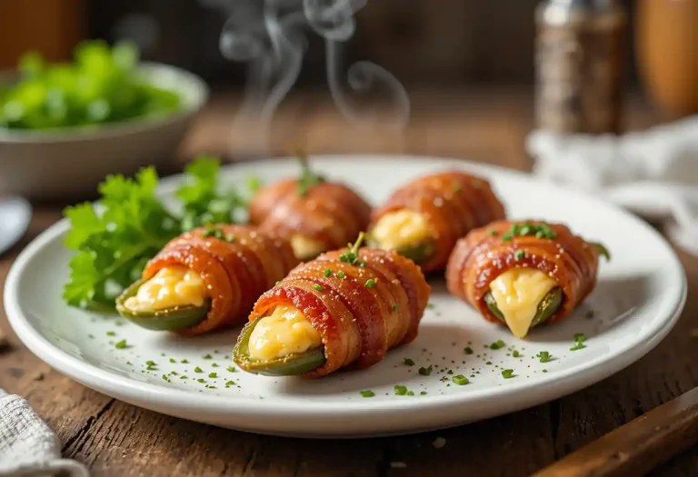 "Golden, crispy keto jalapeño bites stuffed with creamy cheese and wrapped in savory bacon, garnished with fresh herbs on a white plate."