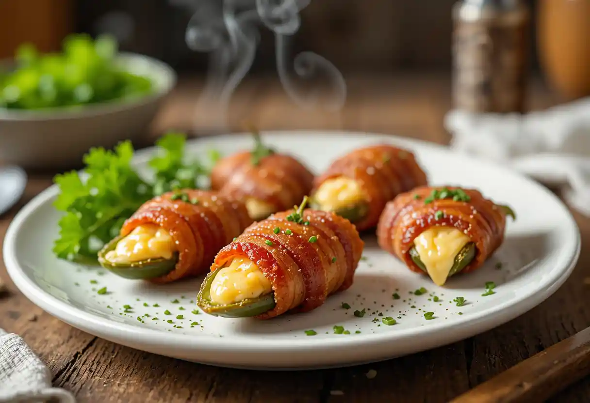 "Golden, crispy keto jalapeño bites stuffed with creamy cheese and wrapped in savory bacon, garnished with fresh herbs on a white plate."