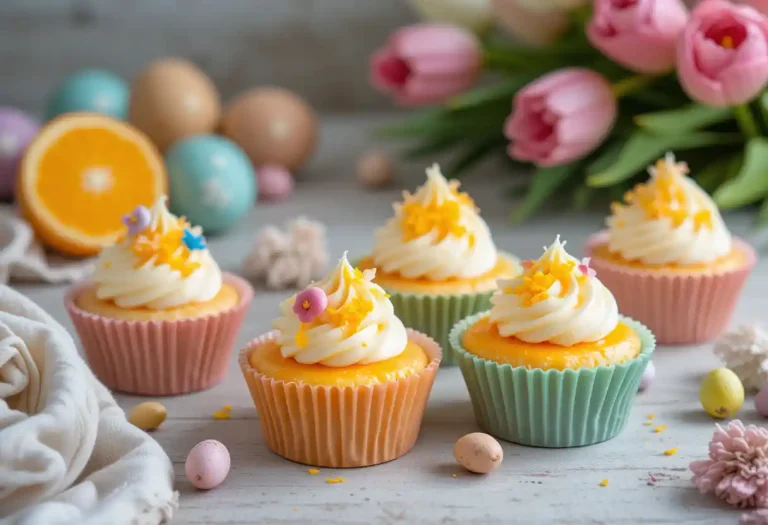 "Mini orange cheesecakes topped with whipped cream, orange zest, and pastel Easter decorations, served in colorful liners for a festive spring dessert."