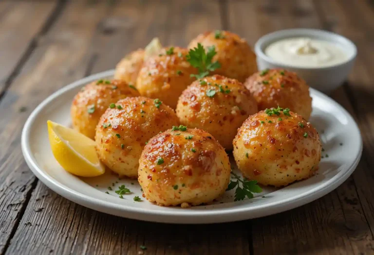 Golden-brown Maryland crab bombs made with jumbo lump crab meat, served with lemon wedges, fresh parsley, and dipping sauce on a white plate.