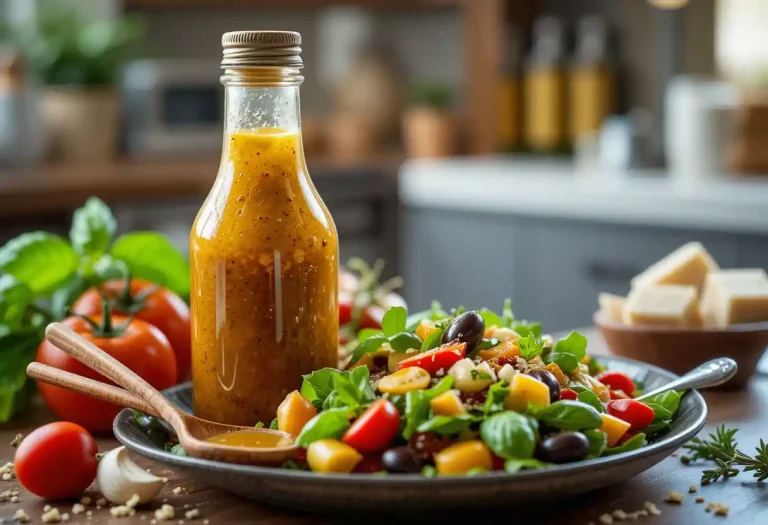 "Homemade Italian dressing in a glass jar with fresh herbs, garlic, and olive oil on a wooden table, surrounded by fresh vegetables like tomatoes and lettuce, showcasing a vibrant and flavorful dressing." "Homemade Italian Dressing: A Fresh and Flavorful Recipe"