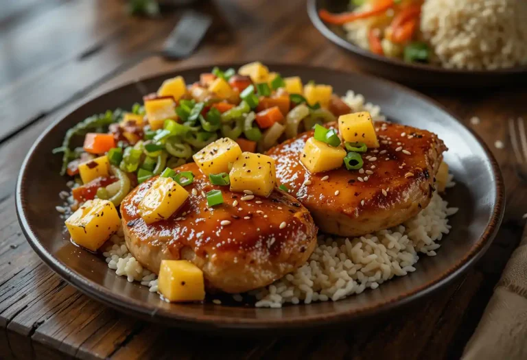 "Delicious Baked Pineapple Teriyaki Chicken with pineapple chunks, sesame seeds, and green onion garnish, served on a rustic wooden table with steamed jasmine rice and vibrant vegetables, all under soft natural lighting." "Baked Pineapple Teriyaki Chicken: A Sweet and Savory Tropical Delight"