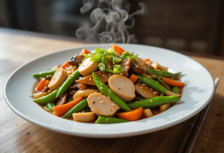 Plated Moo Goo Gai Pan with chicken, snow peas, mushrooms, carrots, and water chestnuts in a savory sauce, garnished with green onions and sesame seeds on a white ceramic plate with chopsticks on the side.