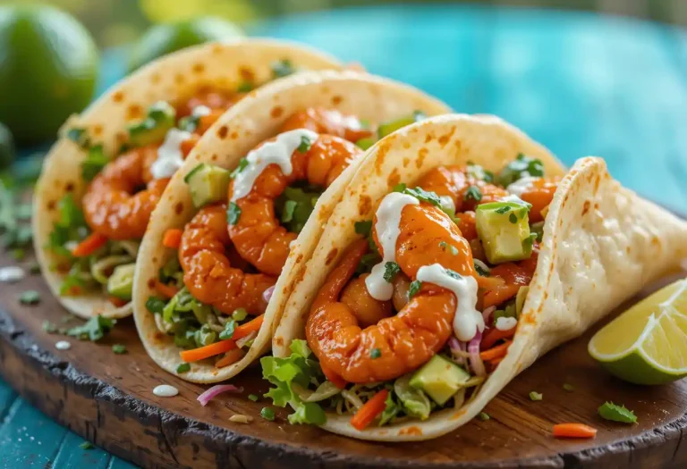 "Chili lime shrimp wrapped in a soft tortilla with fresh veggies and a zesty dressing, offering a vibrant and flavorful bite."