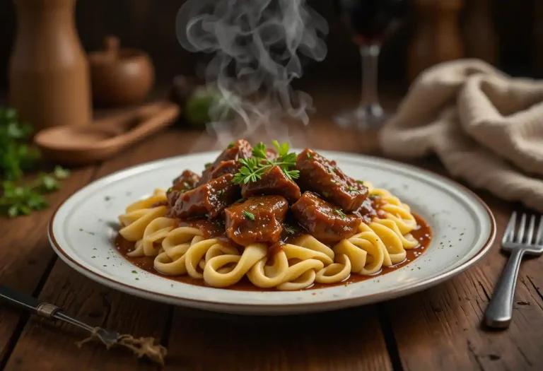 "A mouthwatering plate of Crockpot Beef Tips & Noodles featuring tender, slow-cooked beef tips coated in a rich brown gravy, served over golden egg noodles. The dish is garnished with fresh parsley, with steam rising gently to enhance the warm, comforting feel. The background includes rustic elements like a wooden table, a cloth napkin, and soft-focus kitchen decor, creating a cozy and inviting atmosphere."