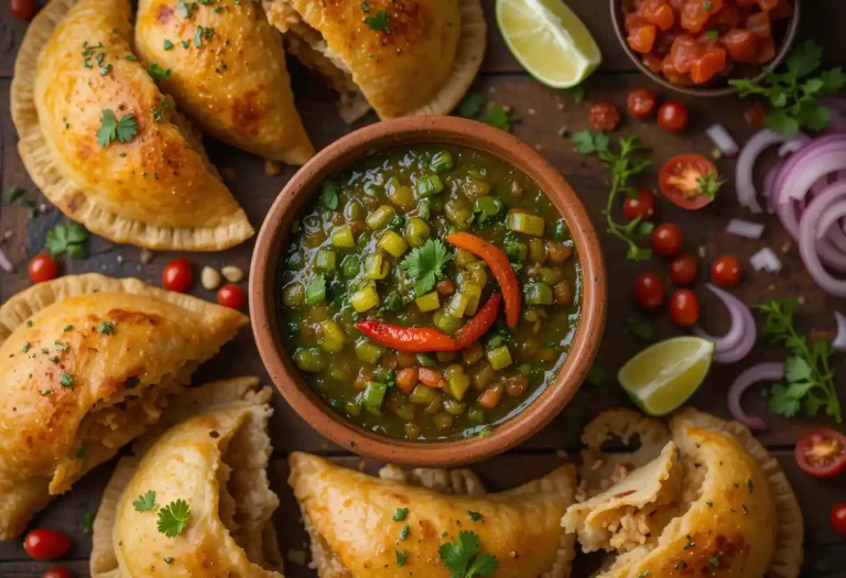 A rustic wooden table displaying a bowl of vibrant Colombian Ají Picante sauce surrounded by golden, crispy empanadas filled with beef and potatoes. Fresh cilantro, lime wedges, chopped tomatoes, onions, and chili peppers accent the scene, capturing the bold, authentic flavors of Colombian street food.