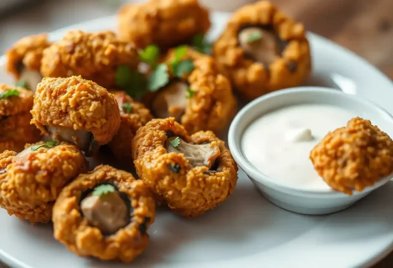 "Golden, crispy fried mushrooms arranged on a white plate, garnished with fresh parsley and accompanied by a dipping sauce, capturing the rich textures and details of the perfectly fried snack in soft natural light."