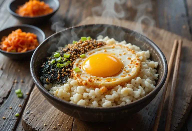 "A warm, inviting bowl of Korean egg rice topped with soft scrambled eggs, a golden runny yolk, soy sauce, sesame oil, scallions, sesame seeds, and seaweed, with steam rising gently. Served with kimchi and chopsticks on a rustic wooden table in soft natural lighting."