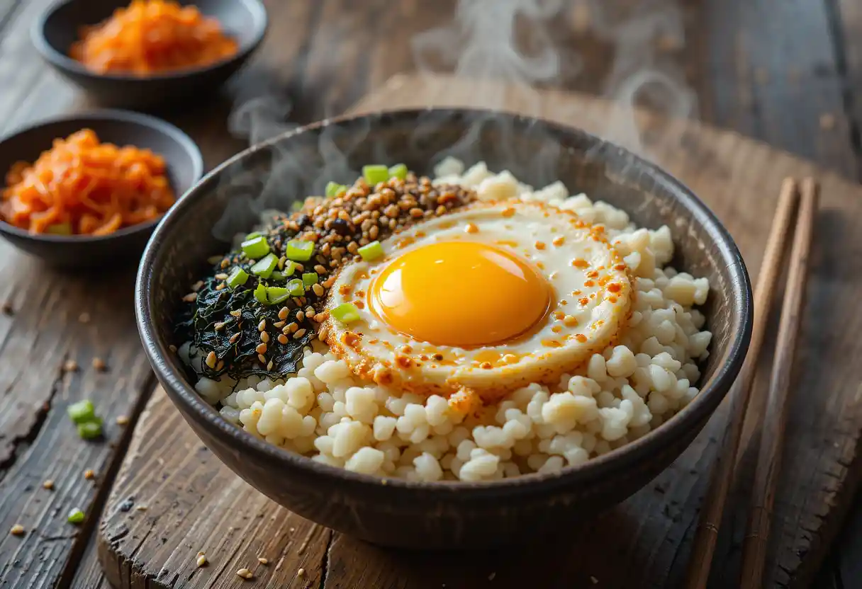 "A warm, inviting bowl of Korean egg rice topped with soft scrambled eggs, a golden runny yolk, soy sauce, sesame oil, scallions, sesame seeds, and seaweed, with steam rising gently. Served with kimchi and chopsticks on a rustic wooden table in soft natural lighting."
