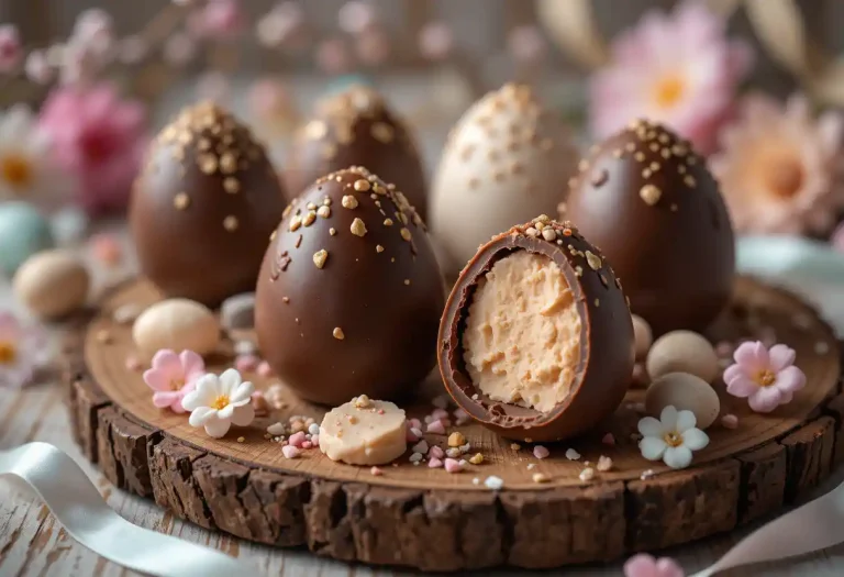 "Homemade chocolate Easter eggs filled with rich, creamy fudge, decorated with colorful sprinkles – a festive and fun treat perfect for spring celebrations."