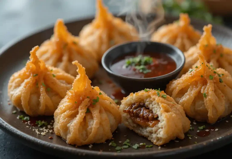 "Golden crispy rice dumplings with a crunchy exterior, filled with savory ingredients, and garnished with herbs, sesame seeds, and a drizzle of dipping sauce."